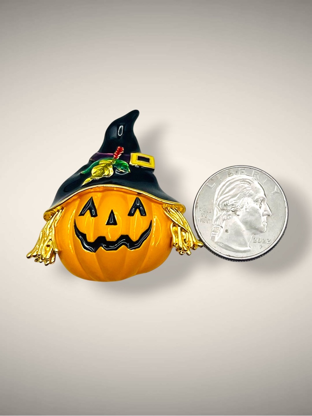 Vintage Halloween Enamel Jack-O'-Lantern Pumpkin Scarecrow Witch Brooch Pin - Picture 8 of 11